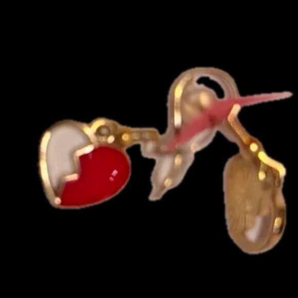 Gold and Red Heart Charm Earrings broken half heart earrings nwt Neimans - Picture 1 of 5
